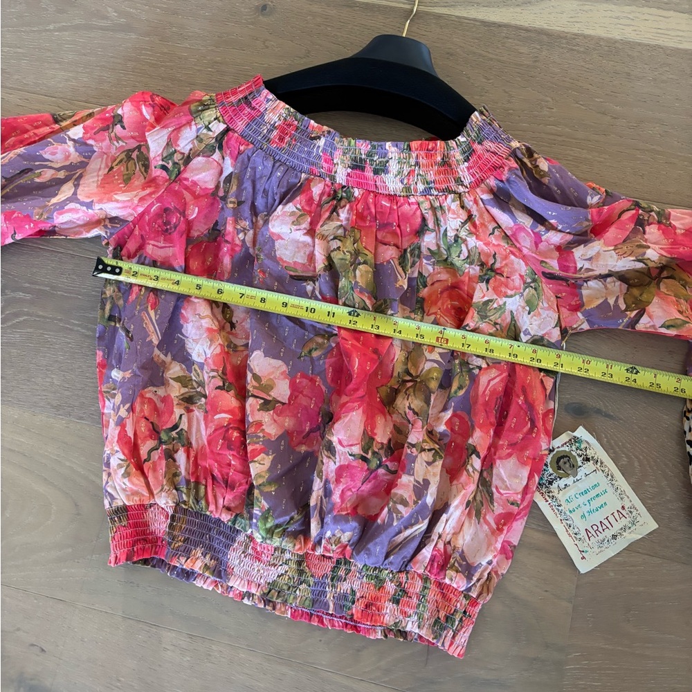 Aratta Rosaline Blouse Top Flowy Ruffle Off Shoulder Smocked Rose Floral Large - Picture 12 of 13